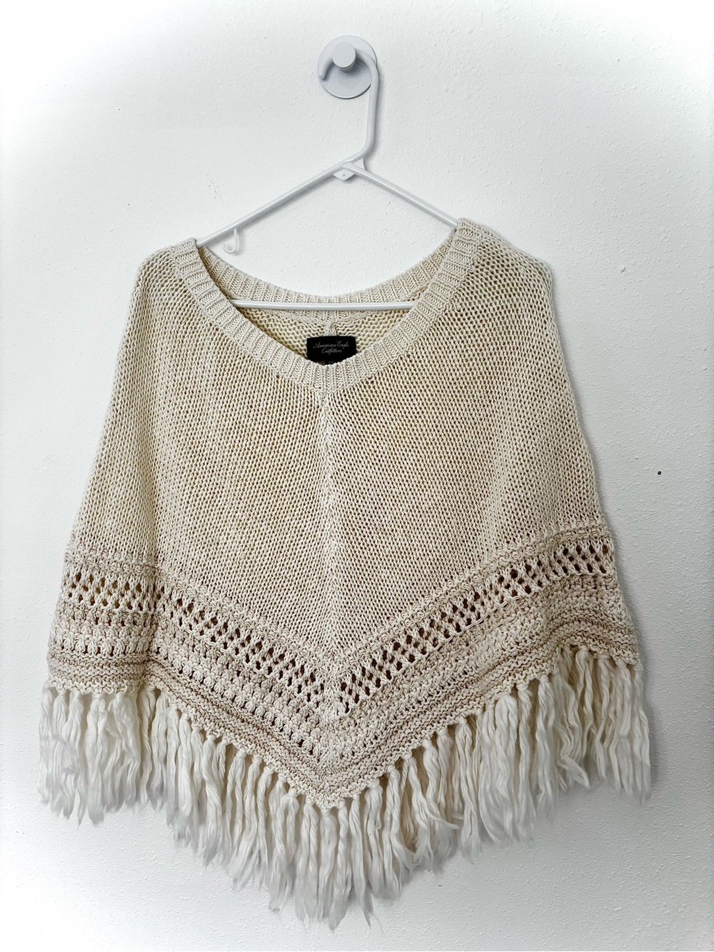 American Eagle Outfitters Cream Fringe Knit Poncho